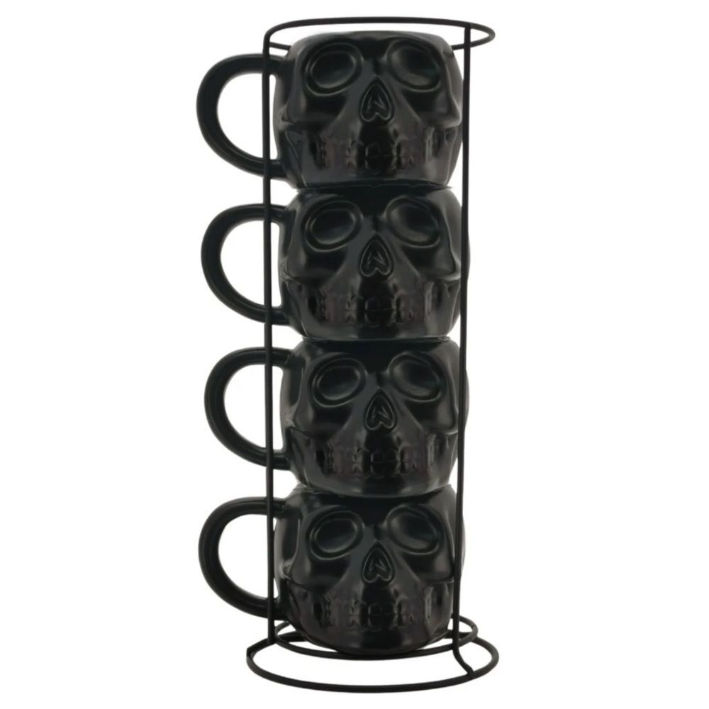 Black Skull Mug Set 4 with Stand Halloween Stacking Mugs Coffee Black Cup OW